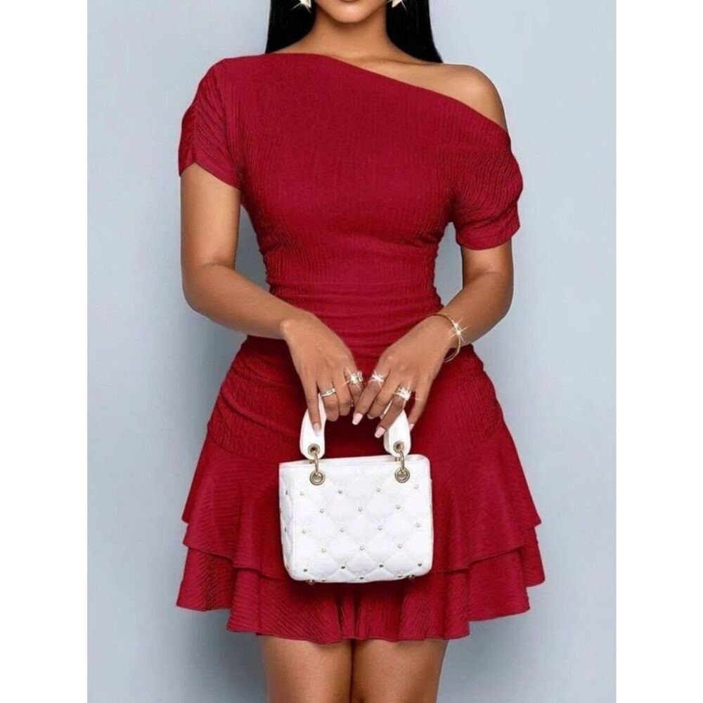 Off-Shoulder Textured Bodycon Ruched Ruffle Hem Dress in Deep Red - Picture 4 of 7
